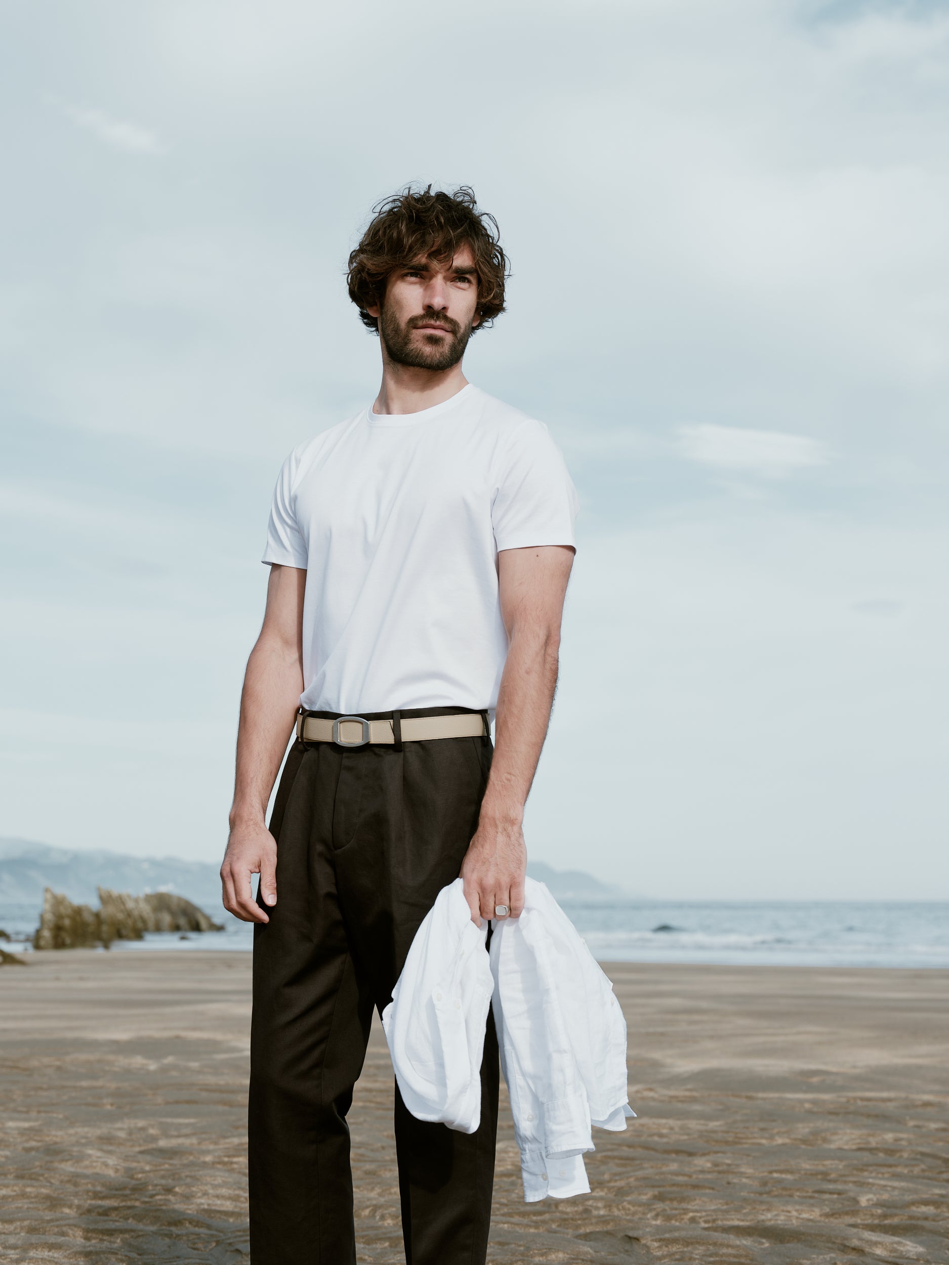 Ceinture homme en cuir beige Concorde palladium 32 mm réversible