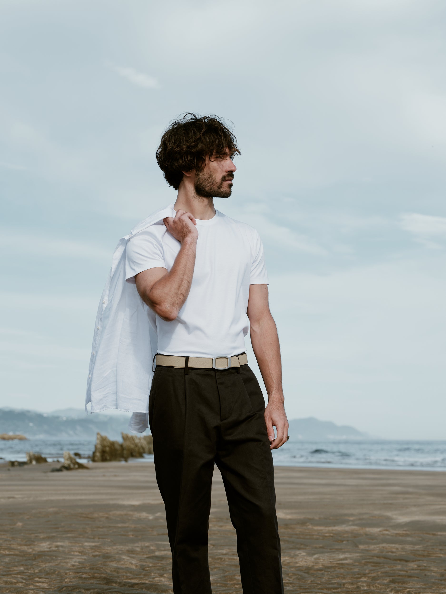 Ceinture homme en cuir beige Concorde palladium 32 mm réversible