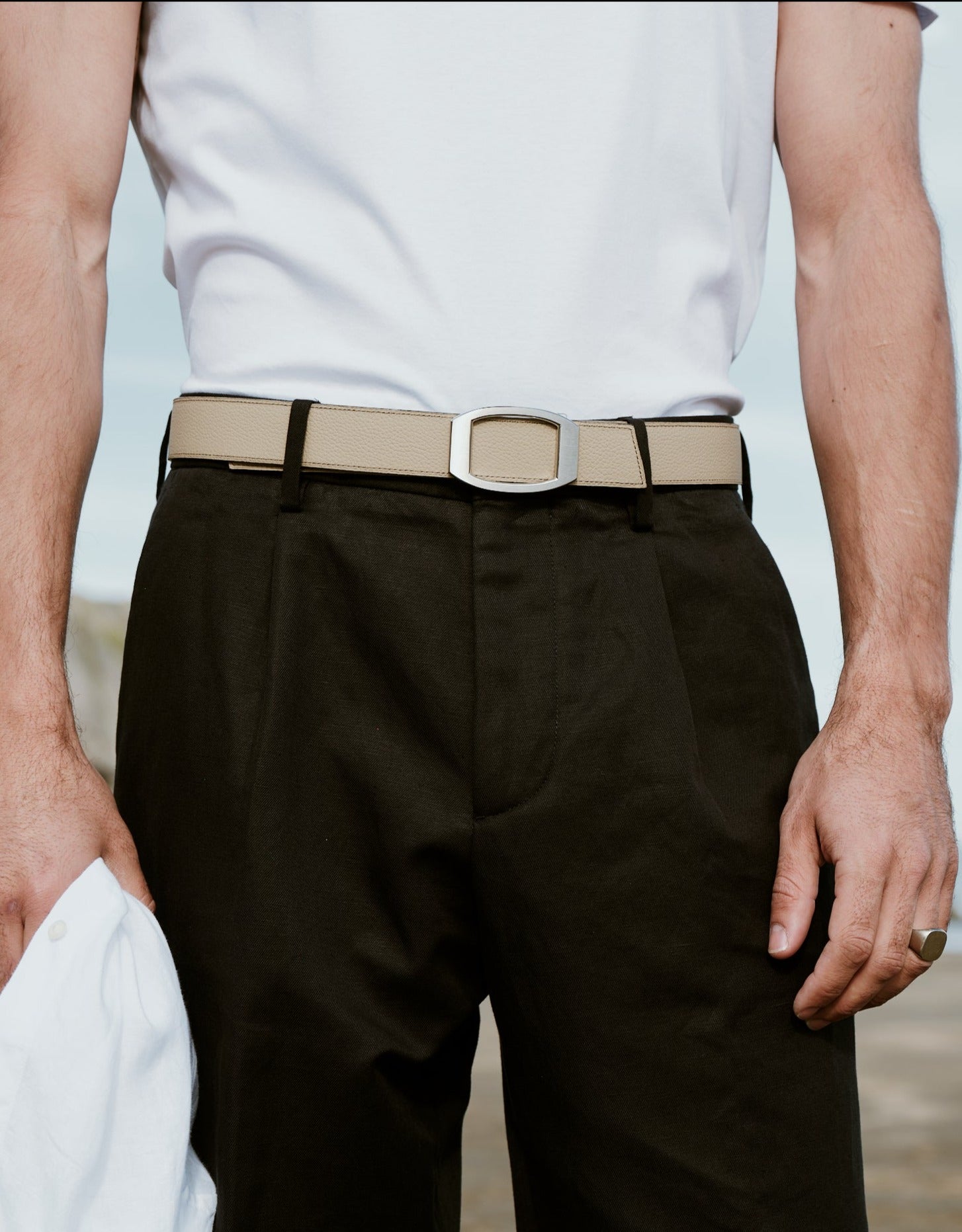 Ceinture homme en cuir beige Concorde palladium 32 mm réversible