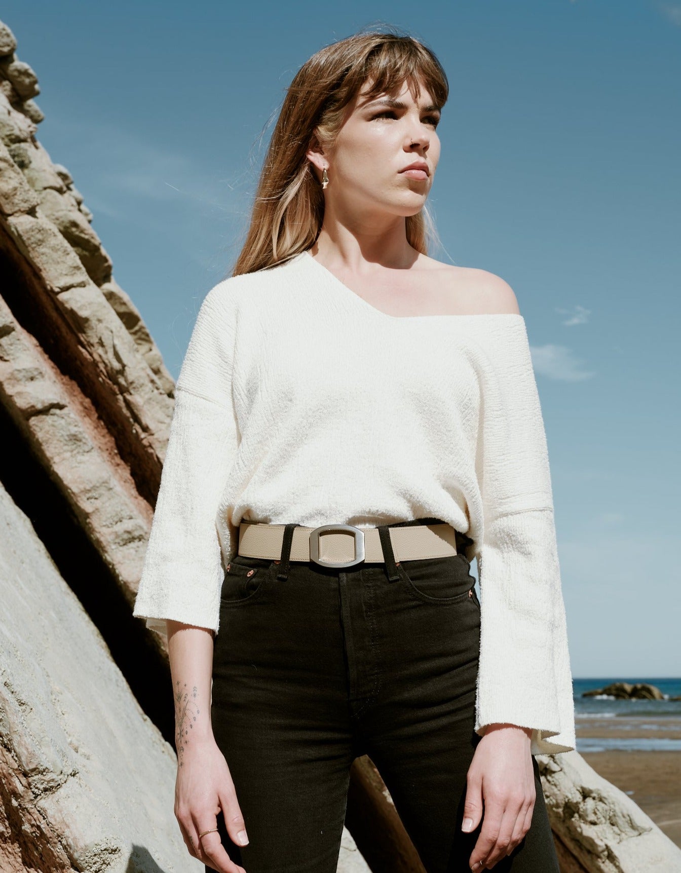 Ceinture femme en cuir beige Concorde palladium 38 mm réversible