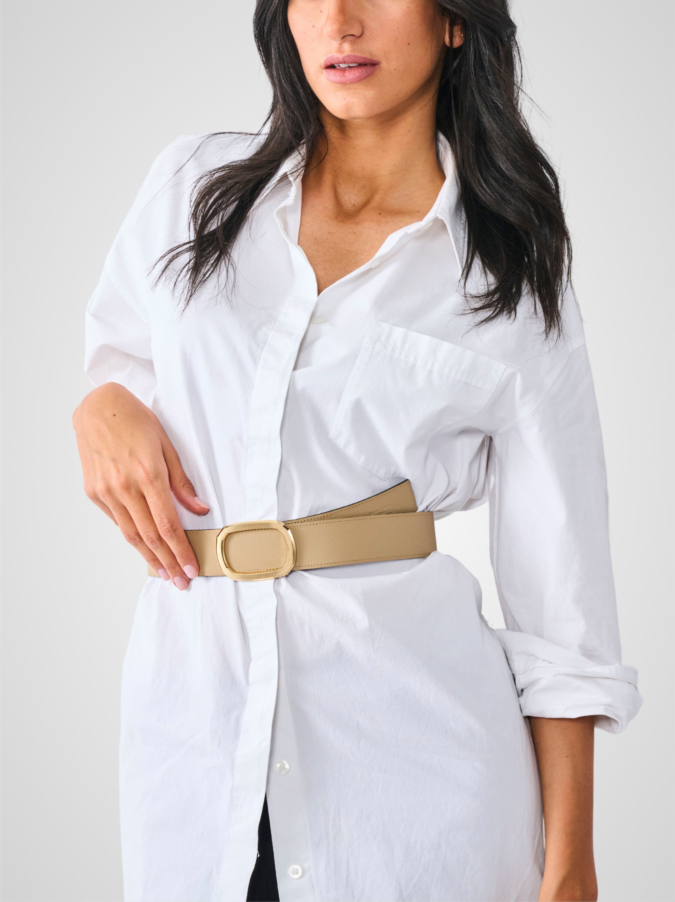 Ceinture femme en cuir beige Panthéon plaquée or 38 mm réversible