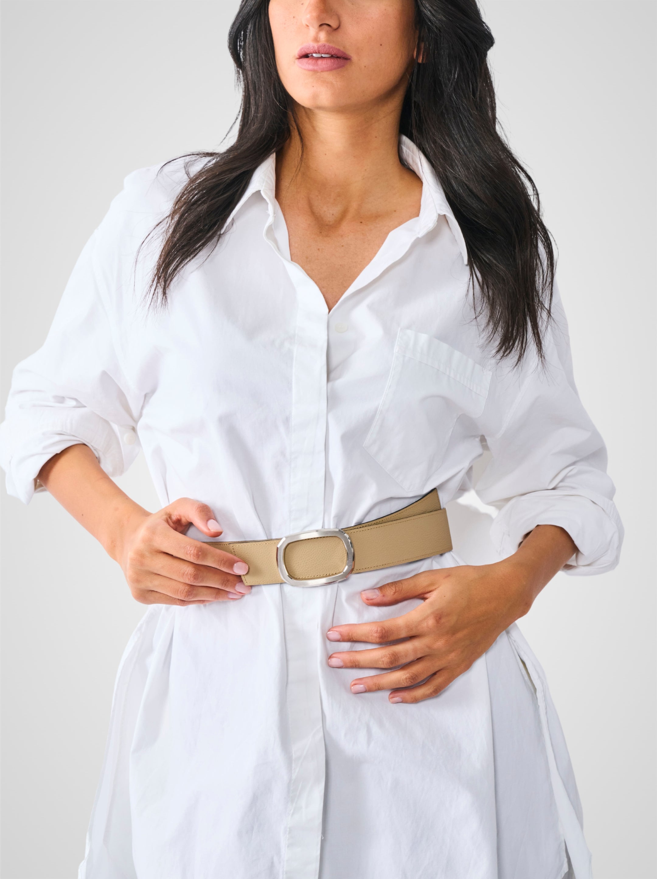 Ceinture femme en cuir beige Panthéon palladium 38 mm réversible