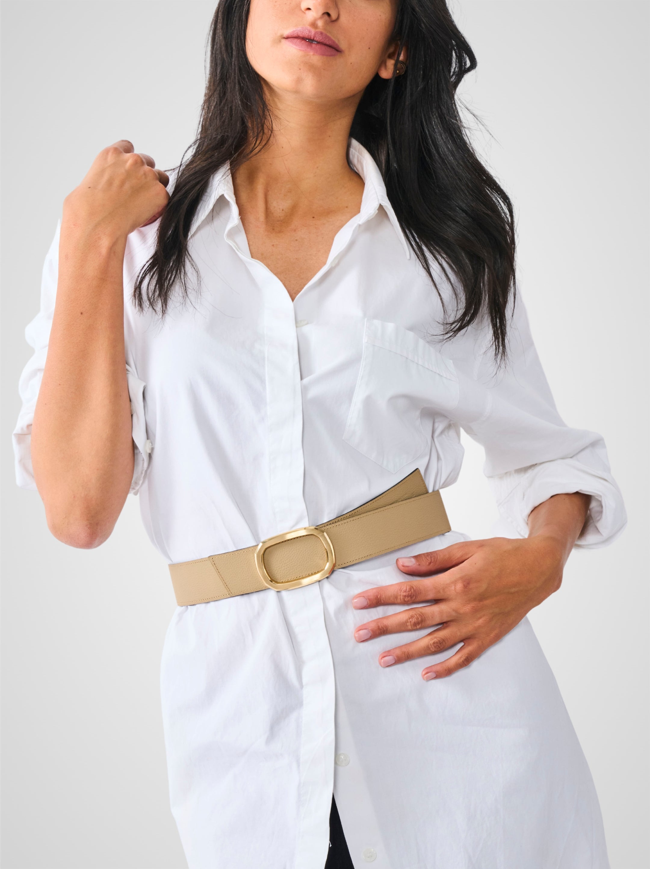 Ceinture femme en cuir beige Panthéon plaquée or 38 mm réversible
