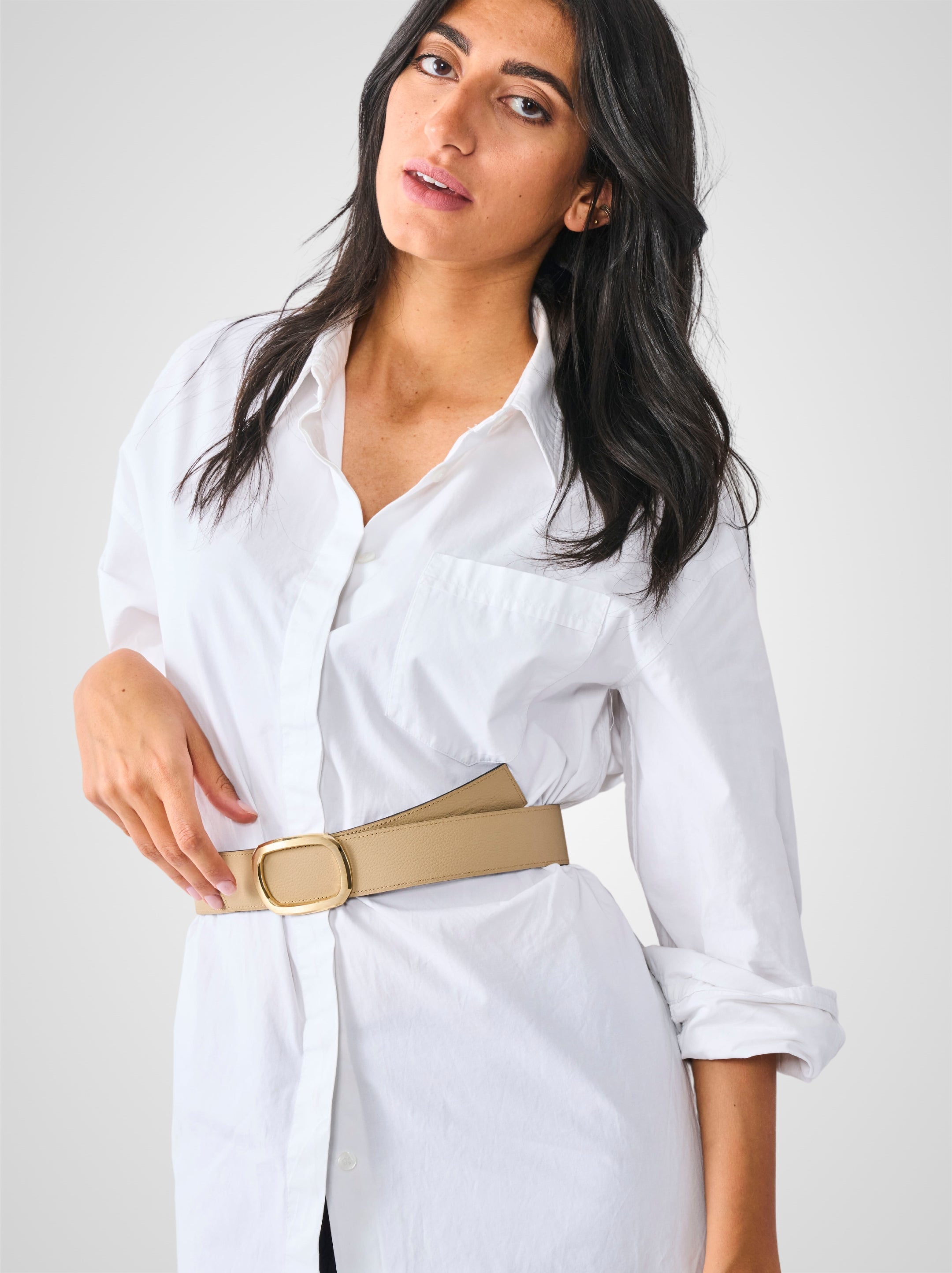 Ceinture femme en cuir beige Panthéon plaquée or 38 mm réversible