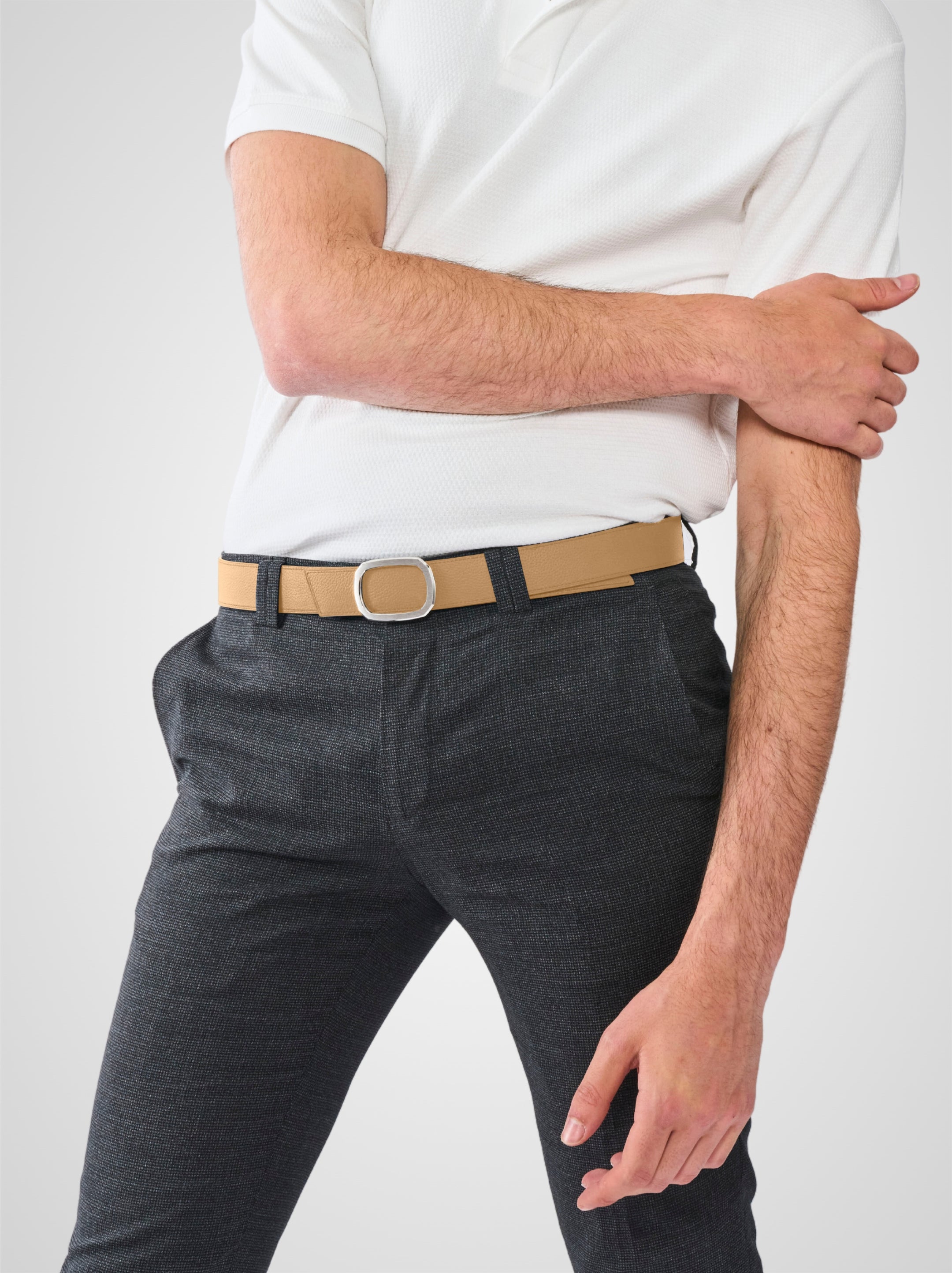 Ceinture homme en cuir beige Panthéon palladium 32 mm réversible