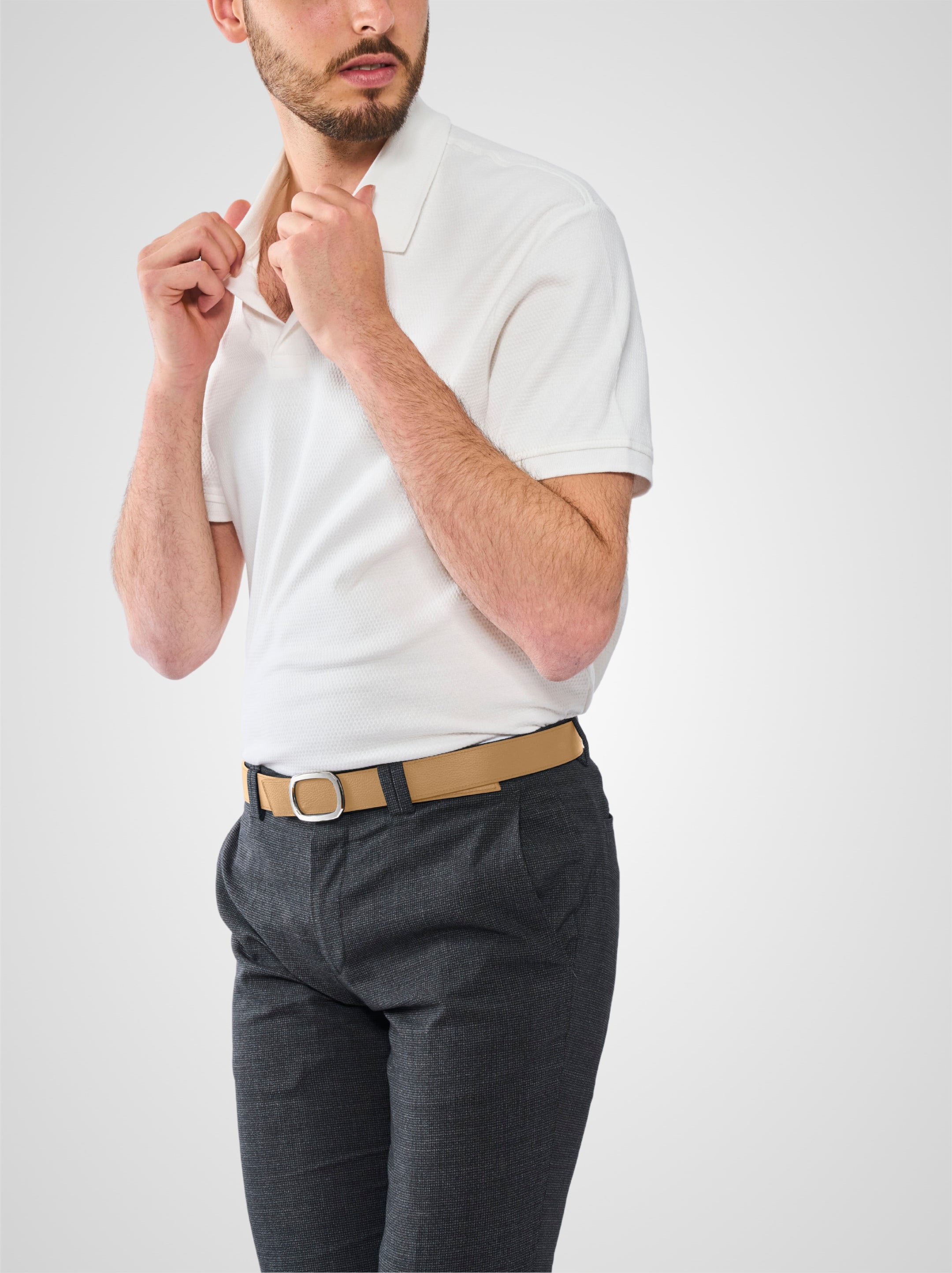 Ceinture homme en cuir beige Panthéon palladium 32 mm réversible