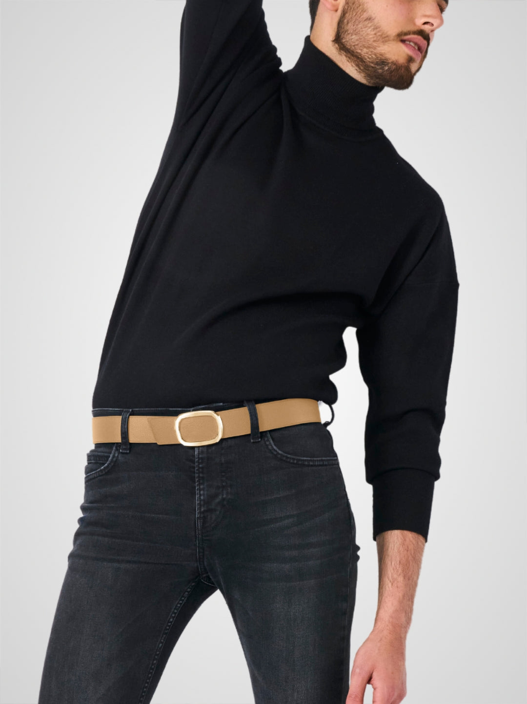 Ceinture homme en cuir beige Panthéon plaquée or 38 mm réversible