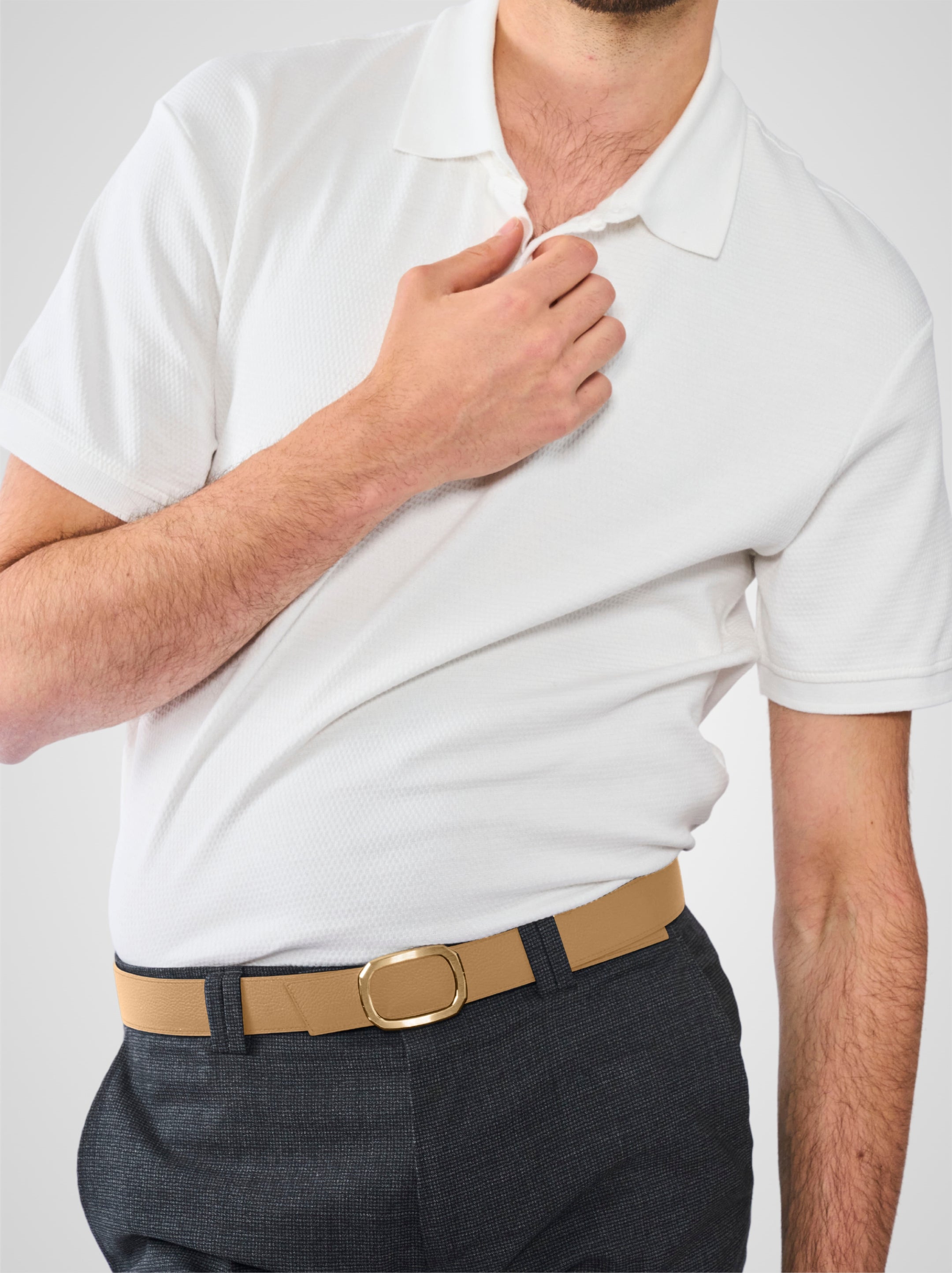 Ceinture homme en cuir beige Panthéon plaquée or 32 mm réversible