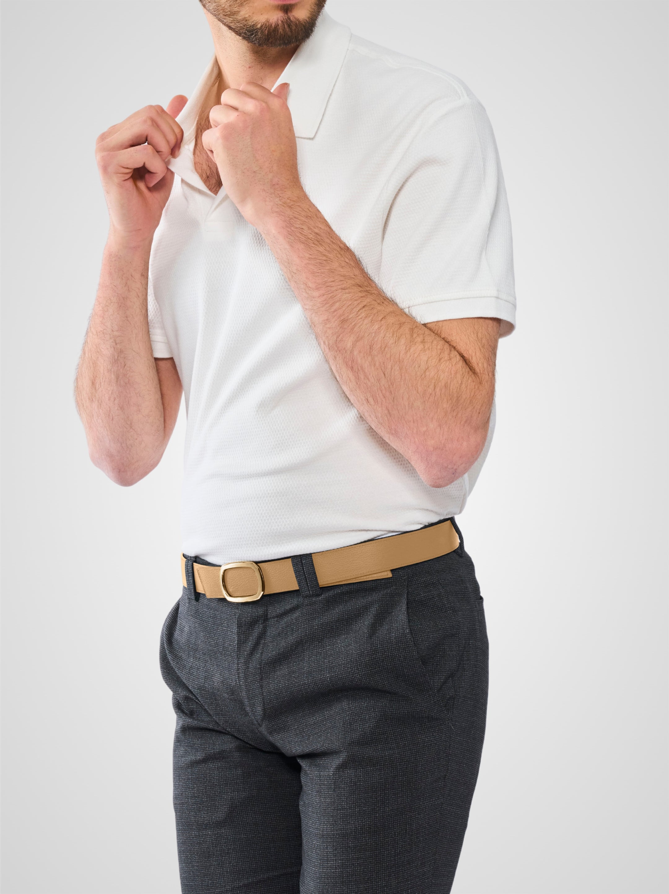 Ceinture homme en cuir beige Panthéon plaquée or 32 mm réversible