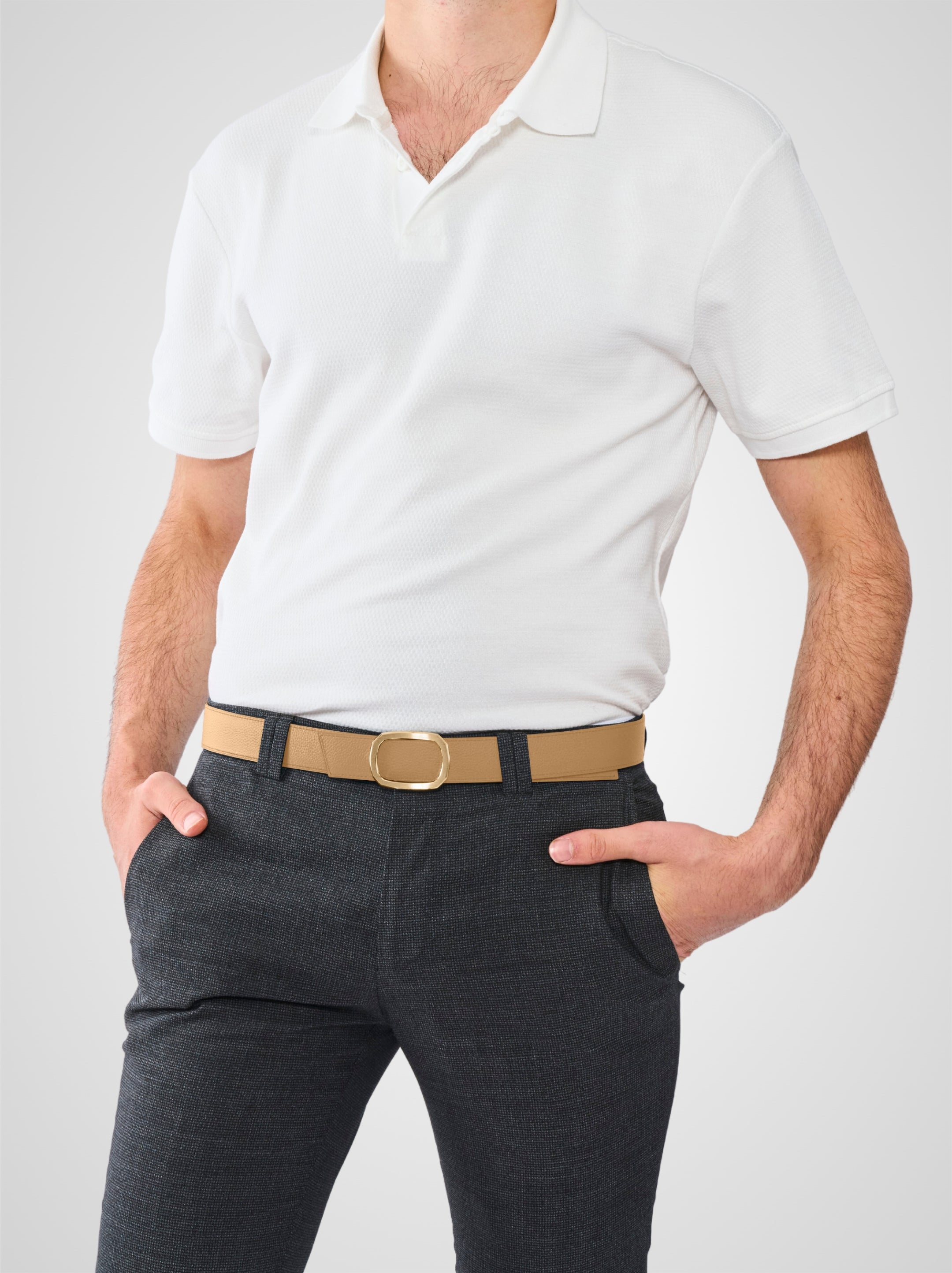 Ceinture homme en cuir beige Panthéon plaquée or 32 mm réversible