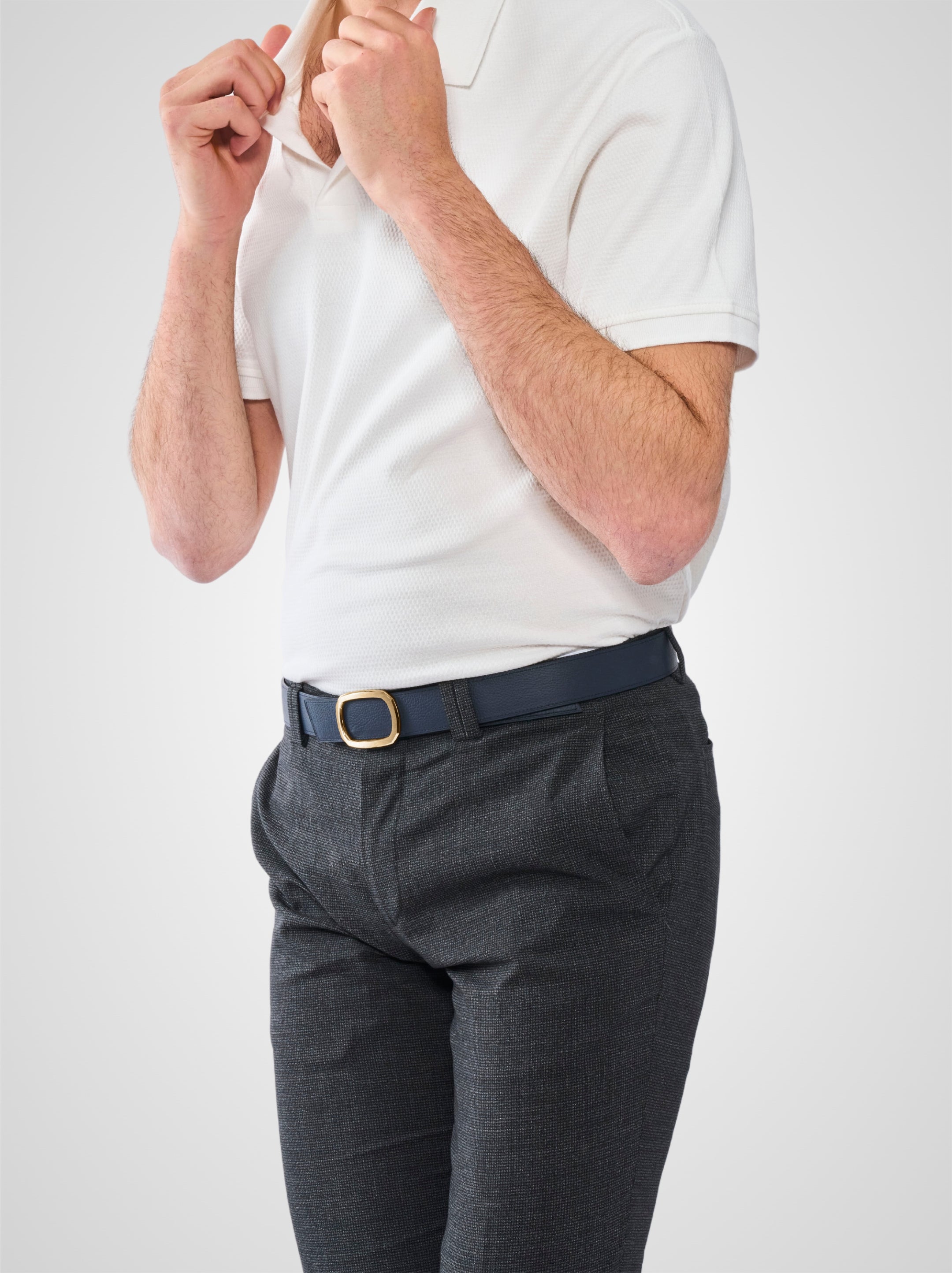 Ceinture homme en cuir bleu marine Panthéon plaquée or 32 mm réversible