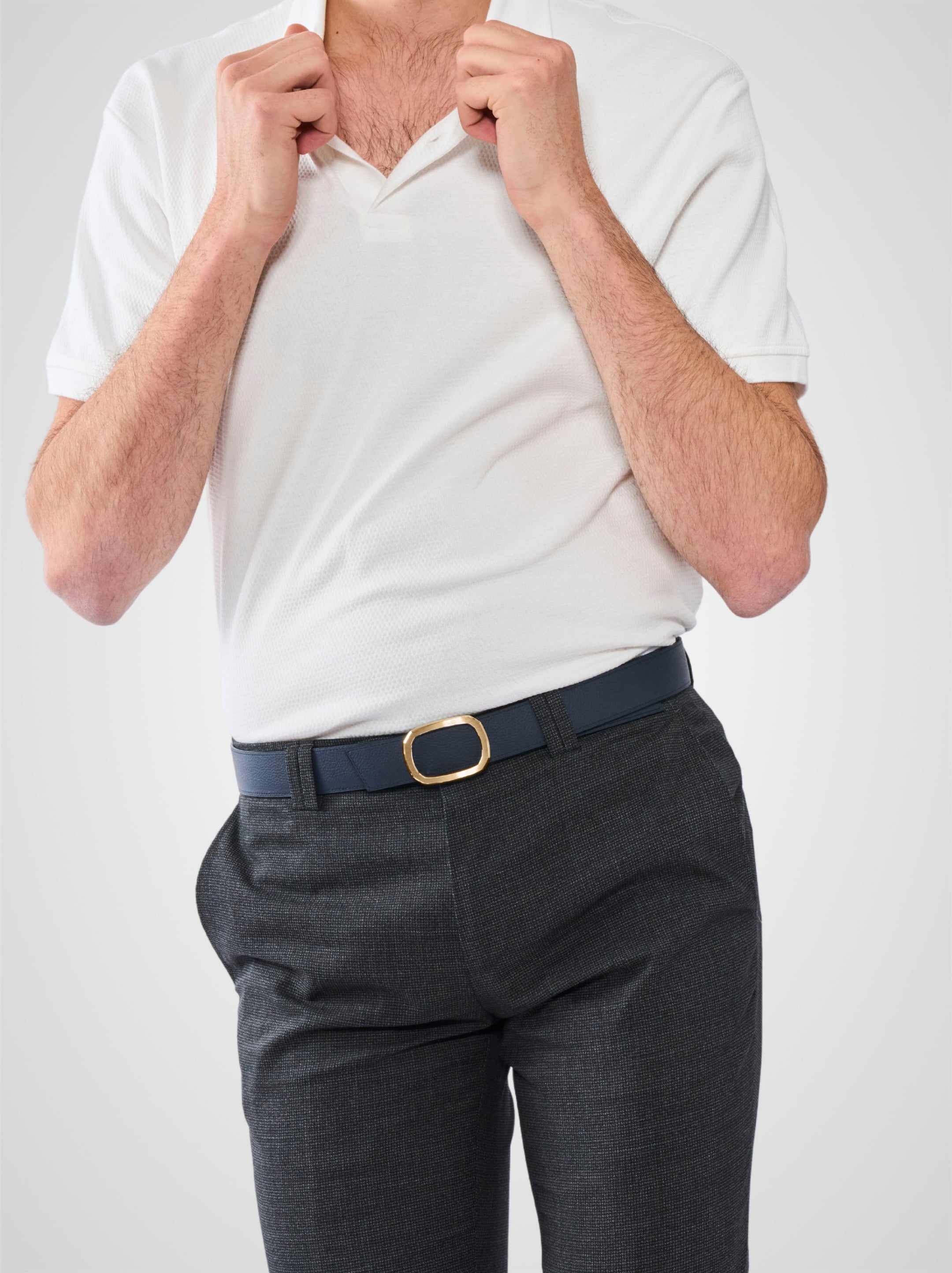 Ceinture homme en cuir bleu marine Panthéon plaquée or 32 mm réversible