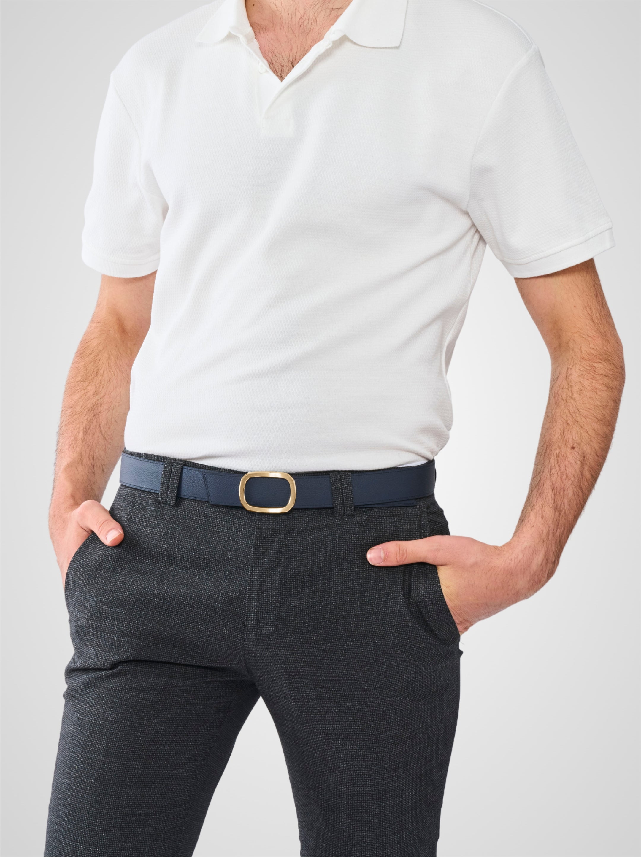 Ceinture homme en cuir bleu marine Panthéon plaquée or 32 mm réversible